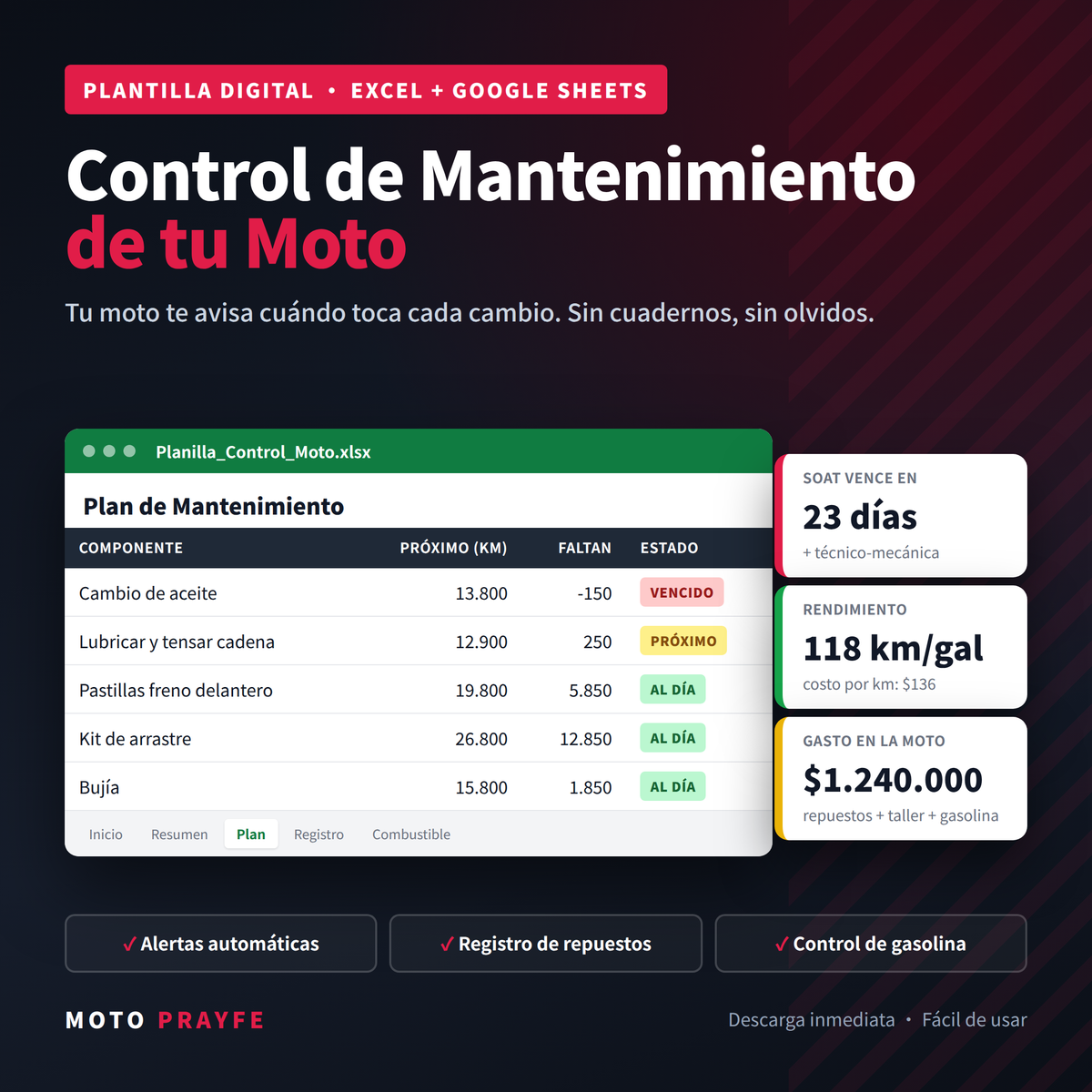 Planilla de Control de Mantenimiento para Moto (Excel)