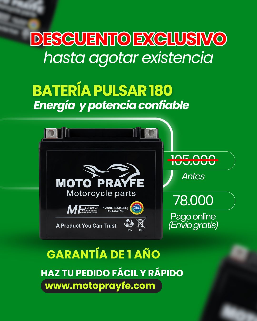 Batería Gel 12N9 — APACHE 160-180-200-ADVANGER 200-MOTOCARGUERO